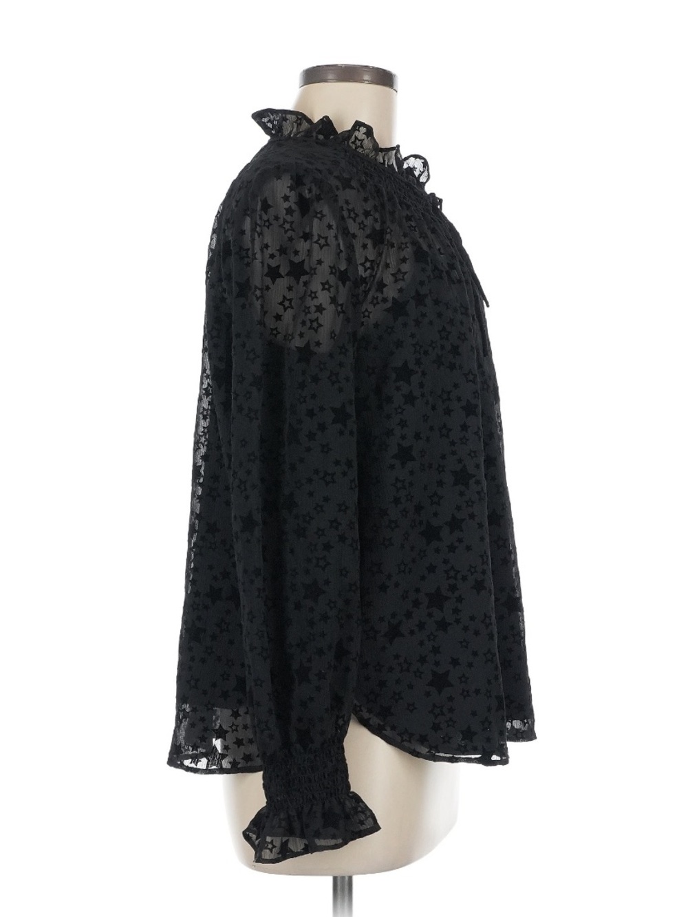 LOFT Black Star-Print Sheer Ruffle Tie-Neck Blouse - Picture 3 of 7